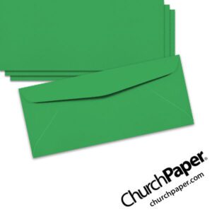 Neenah Astrobrights® Gamma Green #10 envelopes in a vivid green color, shown from the front and back.