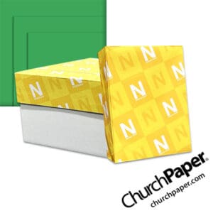 Neenah Astrobrights® Gamma Green Paper with paper carton, wrapped ream and vibrant green paper swatch, available from Church Paper.