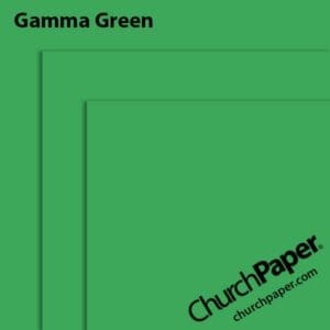 Neenah Astrobrights® Gamma Green paper swatch showing the vibrant green color with layered sheet corners from Church Paper.