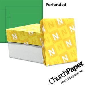 Neenah Astrobrights® Gamma Green perforated paper with carton, wrapped ream and bright green sheets showing horizontal perforation lines.