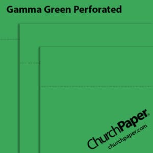 Neenah Astrobrights® Gamma Green perforated paper swatch showing bright green sheets with horizontal perforation lines.