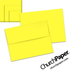 Neenah Astrobrights® Lift-Off Lemon A2 envelopes in a bright fluorescent yellow color, shown from the front and back with matching paper swatches.