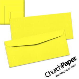 Neenah Astrobrights® Lift-Off Lemon #10 envelopes in a bright fluorescent yellow color, shown from the front and back with matching paper swatches.