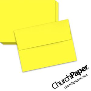 Neenah Astrobrights® Lift-Off Lemon A2 envelopes in a bright yellow color, shown from the front and back.