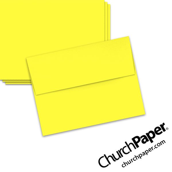 Neenah Astrobrights® Lift-Off Lemon A2 envelopes in a bright yellow color, shown from the front and back.
