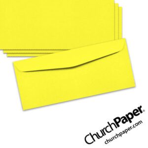 Neenah Astrobrights® Lift-Off Lemon #10 envelopes in a bright fluorescent yellow color, shown from the front and back.