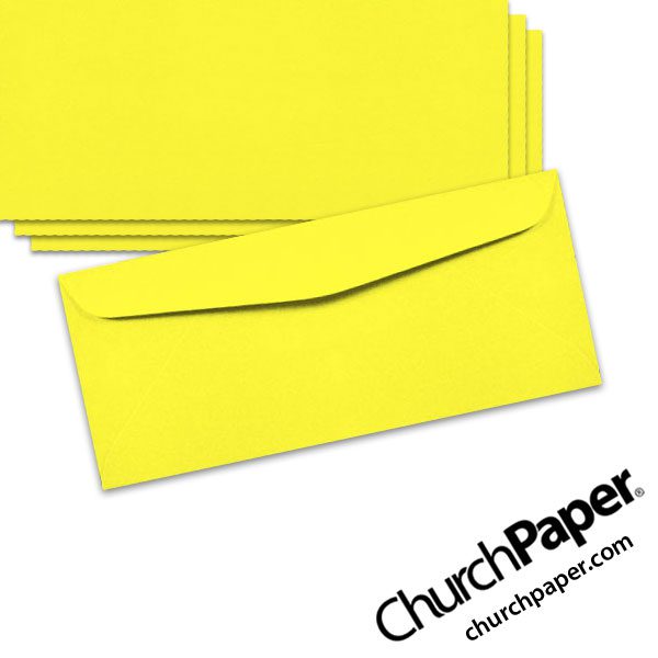 Neenah Astrobrights® Lift-Off Lemon #10 envelopes in a bright fluorescent yellow color, shown from the front and back.