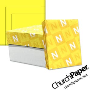 Neenah Astrobrights® Lift-Off Lemon Paper with paper carton, wrapped ream and vibrant yellow paper swatch, available from Church Paper.