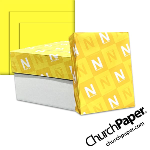 astrobrights-lift-off-lemon-paper-churchpaper Neenah Astrobrights® Lift-Off Lemon Paper with paper carton, wrapped ream and vibrant yellow paper swatch, available from Church Paper.