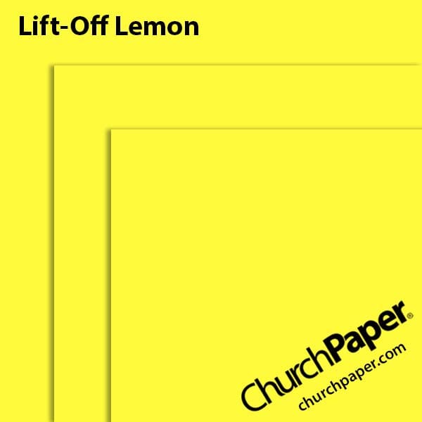 astrobrights-lift-off-lemon-paper-swatch-churchpaper Neenah Astrobrights® Lift-Off Lemon paper swatch showing the brilliant yellow color with layered sheet corners from Church Paper.