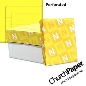Neenah Astrobrights® Lift-Off Lemon perforated paper with carton, wrapped ream and bright yellow sheets showing horizontal perforation lines.