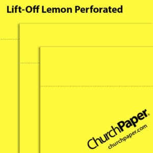 Neenah Astrobrights® Lift-Off Lemon perforated paper swatch showing bright fluorescent yellow sheets with horizontal perforation lines.