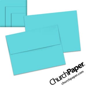 Neenah Astrobrights® Lunar Blue A2 envelopes in a light turquoise-blue color, shown from the front and back with matching paper swatches.