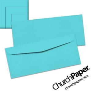 Neenah Astrobrights® Lunar Blue #10 envelopes in a light turquoise-blue color, shown from the front and back with matching paper swatches.