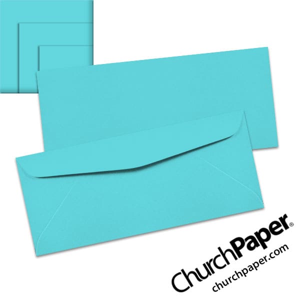 astrobrights-lunar-blue-envelopes-no10-churchpaper Neenah Astrobrights® Lunar Blue #10 envelopes in a light turquoise-blue color, shown from the front and back with matching paper swatches.