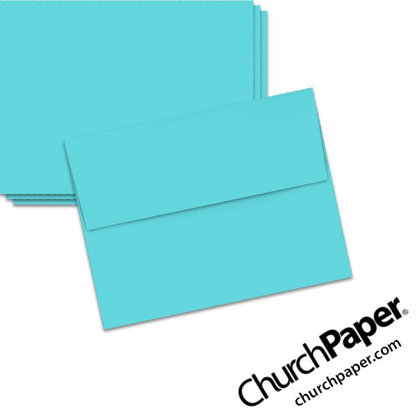 Neenah Astrobrights® Lunar Blue A2 envelopes in a light turquoise-blue color, shown from the front and back.