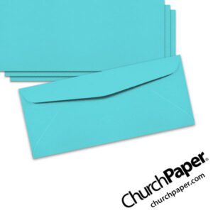 Neenah Astrobrights® Lunar Blue #10 envelopes in a light turquoise-blue color, shown from the front and back.
