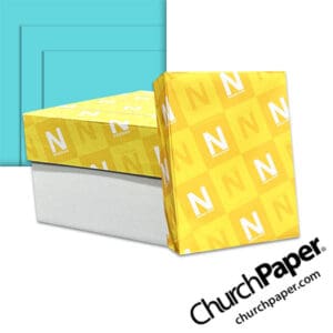 Neenah Astrobrights® Lunar Blue Paper with paper carton, wrapped ream and light blue paper swatch, available from Church Paper.