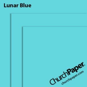 Neenah Astrobrights® Lunar Blue paper swatch showing the bright light blue color with layered sheet corners from Church Paper.