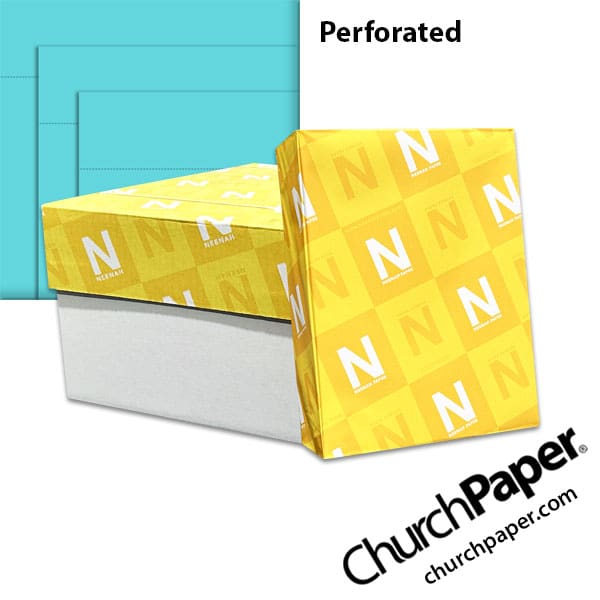 astrobrights-lunar-blue-perforated-paper-churchpaper Neenah Astrobrights® Lunar Blue perforated paper with carton, wrapped ream and light blue paper showing horizontal perforation lines, available from Church Paper.