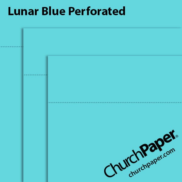 astrobrights-lunar-blue-perforated-paper-swatch-churchpaper Neenah Astrobrights® Lunar Blue perforated paper swatch showing bright aqua-blue sheets with horizontal perforation lines from Church Paper.
