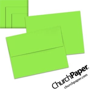 Neenah Astrobrights® Martian Green A2 envelopes in a vivid fluorescent green color, shown from the front and back with matching paper swatches.