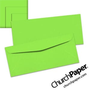 Neenah Astrobrights® Martian Green #10 envelopes in a vivid fluorescent green color, shown from the front and back with matching paper swatches.