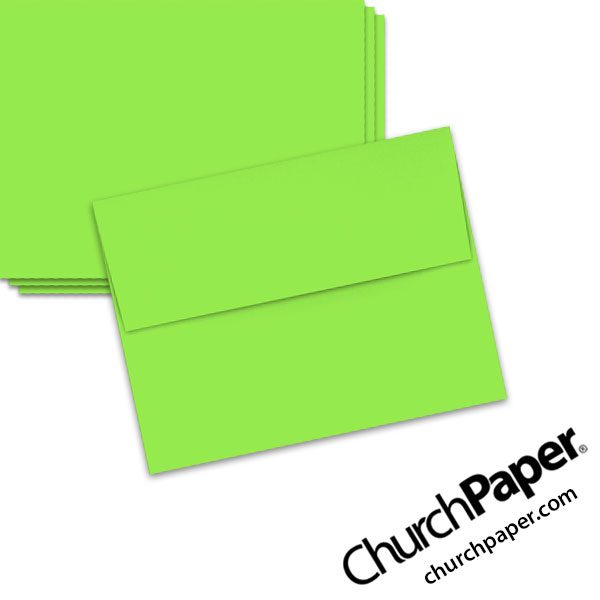Neenah Astrobrights® Martian Green A2 envelopes in a vivid green color, shown from the front and back.