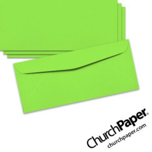 Neenah Astrobrights® Martian Green #10 envelopes in a vivid fluorescent green color, shown from the front and back.