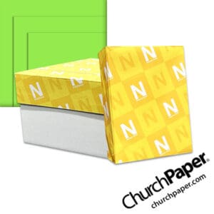 Neenah Astrobrights® Martian Green Paper with paper carton, wrapped ream and vibrant green paper swatch, available from Church Paper.