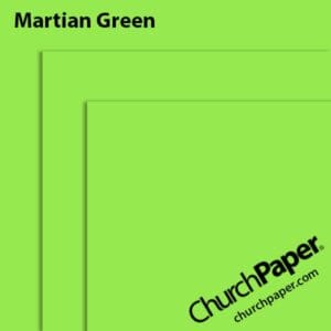 Neenah Astrobrights® Martian Green paper swatch showing the vibrant green color with layered sheet corners from Church Paper.