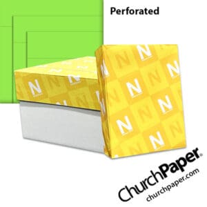 Neenah Astrobrights® Martian Green perforated paper with carton, wrapped ream and vibrant green paper showing perforation lines, available from Church Paper.