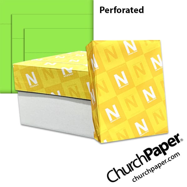 Neenah Astrobrights® Martian Green perforated paper with carton, wrapped ream and vibrant green paper showing perforation lines, available from Church Paper.