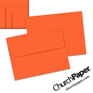 Neenah Astrobrights® Orbit Orange A2 envelopes in a vivid fluorescent orange color, shown from the front and back with matching paper swatches.