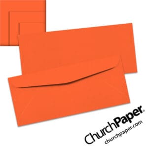 Neenah Astrobrights® Orbit Orange #10 envelopes in a vivid fluorescent orange color, shown from the front and back with matching paper swatches.