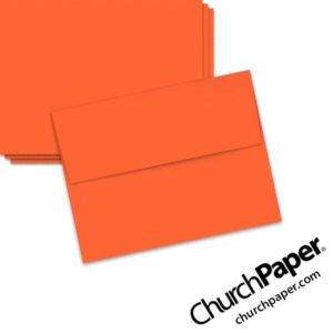 Neenah Astrobrights® Orbit Orange A2 envelopes in a vivid orange color, shown from the front.