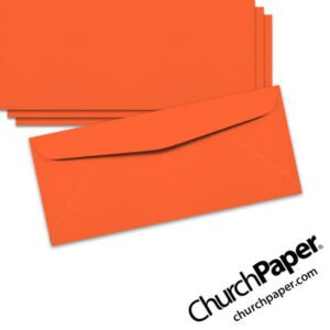 Neenah Astrobrights® Orbit Orange #10 envelopes in a vivid fluorescent orange color, shown from the front and back.