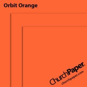Neenah Astrobrights® Orbit Orange paper swatch showing the bold orange color with layered sheet corners from Church Paper.