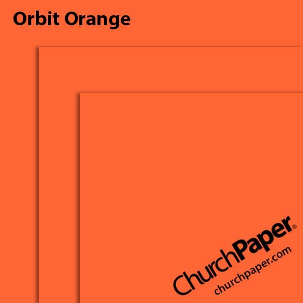 astrobrights-orbit-orange-paper-swatch-churchpaper Neenah Astrobrights® Orbit Orange paper swatch showing the bold orange color with layered sheet corners from Church Paper.