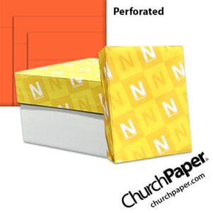Neenah Astrobrights® Orbit Orange perforated paper with carton, wrapped ream and vibrant orange paper showing perforation lines, available from Church Paper.