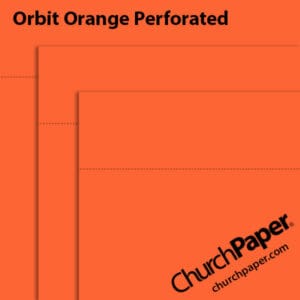 Neenah Astrobrights® Orbit Orange perforated paper swatch showing vibrant orange sheets with horizontal perforation lines from Church Paper.