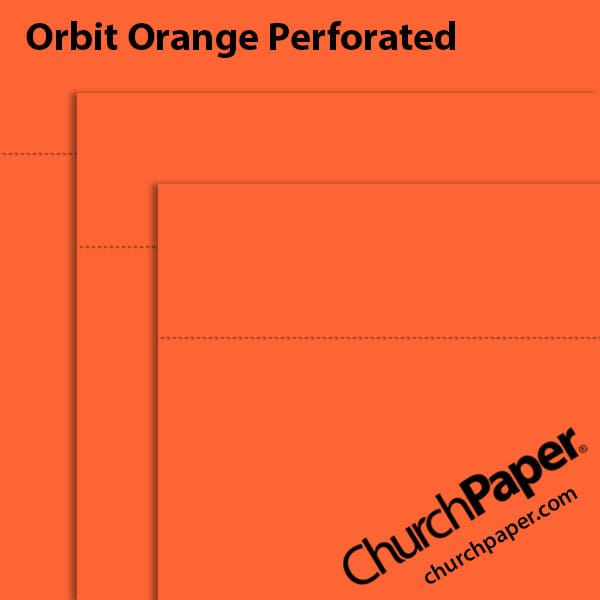 astrobrights-orbit-orange-perforated-paper-swatch-churchpaper Neenah Astrobrights® Orbit Orange perforated paper swatch showing vibrant orange sheets with horizontal perforation lines from Church Paper.