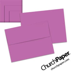 Neenah Astrobrights® Planetary Purple A2 envelopes in a vibrant purple color, shown from the front and back with matching paper swatches.