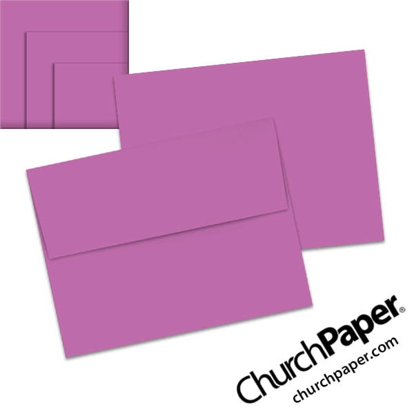 Neenah Astrobrights® Planetary Purple A2 envelopes in a vibrant purple color, shown from the front and back with matching paper swatches.