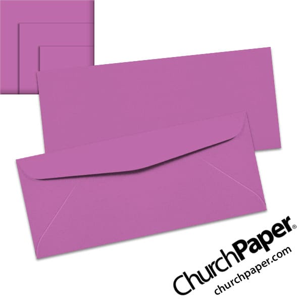 astrobrights-planetary-purple-envelopes-no10-churchpaper Neenah Astrobrights® Planetary Purple #10 envelopes in a vibrant purple color, shown from the front and back with matching paper swatches.
