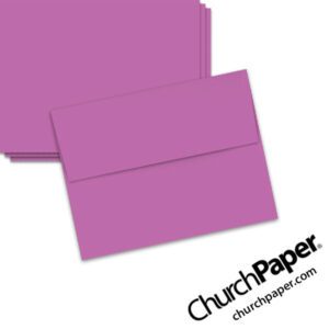 Neenah Astrobrights® Planetary Purple A2 envelopes in a vibrant purple color, shown from the front and back.