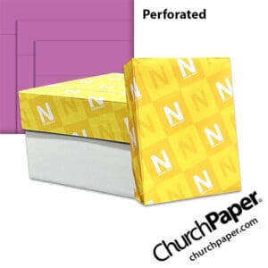 Neenah Astrobrights® Planetary Purple perforated paper with carton, wrapped ream and purple paper showing horizontal perforation lines, available from Church Paper.