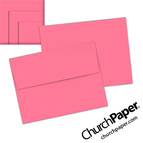 astrobrights-pulsar-pink-envelopes-a2-churchpaper Neenah Astrobrights® Pulsar Pink A2 envelopes in a bright pink color, shown from the front and back with matching paper swatches.