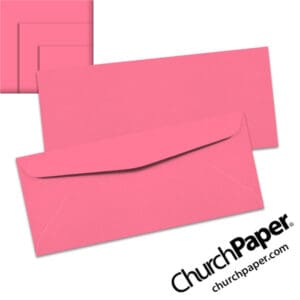Neenah Astrobrights® Pulsar Pink #10 envelopes in a bright pink color, shown from the front and back with matching paper swatches.