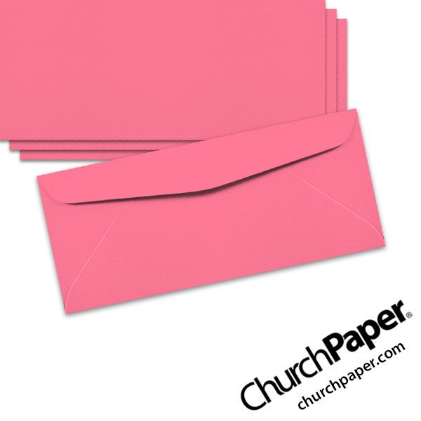 Neenah Astrobrights® Pulsar Pink #10 envelopes in a bright pink color, shown from the front and back.